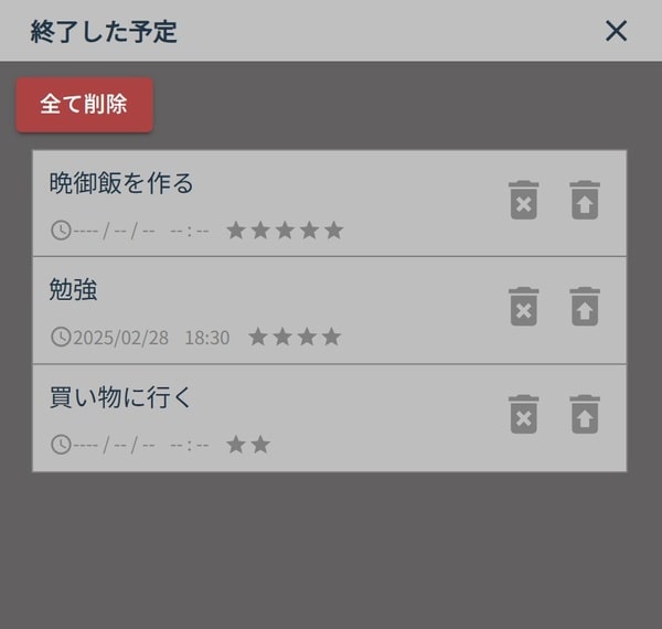 完了済みの予定を削除、復活させる時のイメージ